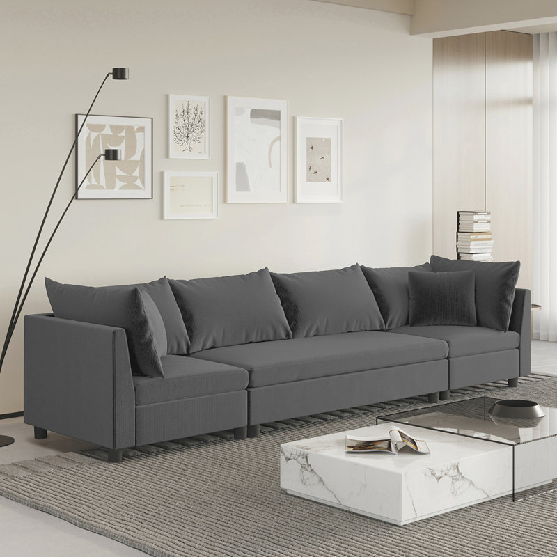 Canapé modulaire moderne en forme de L 92 po avec siège large, Chenille grise 1