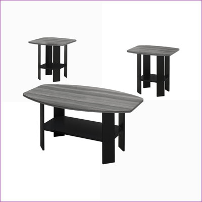 3-Piece Wood-Look Coffee Table Set for Living Room, Grey Laminate with Lower Shelves and Rounded Edges