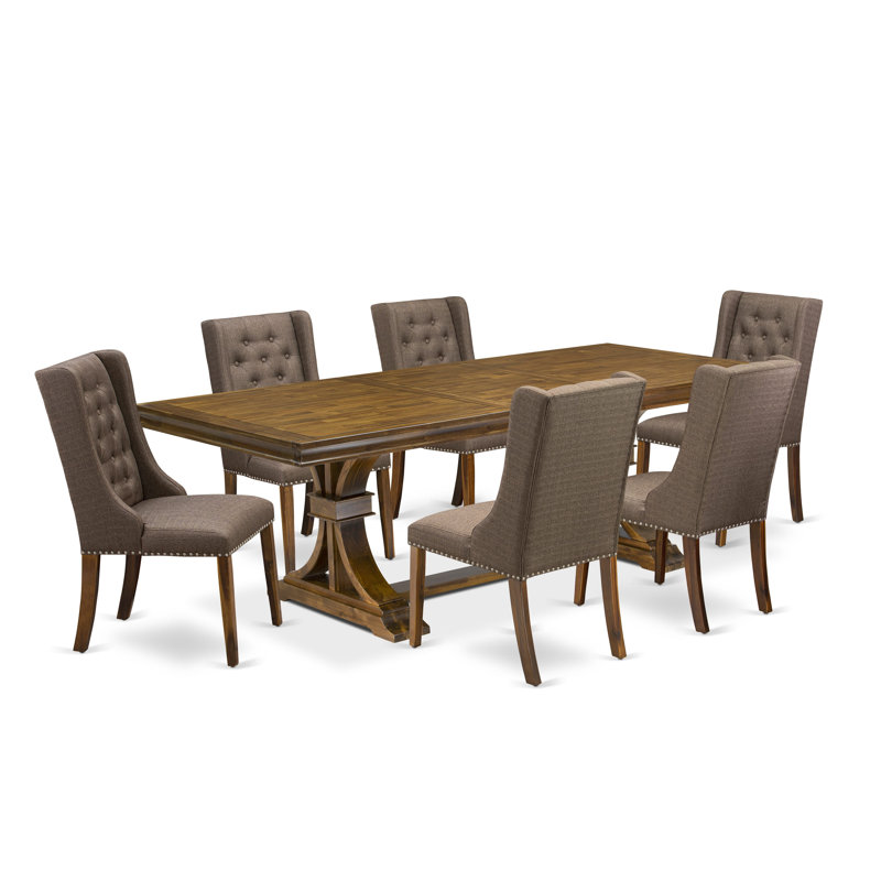 L'ensemble de table à manger 7 pièces se compose d'une table en bois et de 6 chaises de salle à manger en tissu de lin crème avec dossier capitonné - noir sablé.