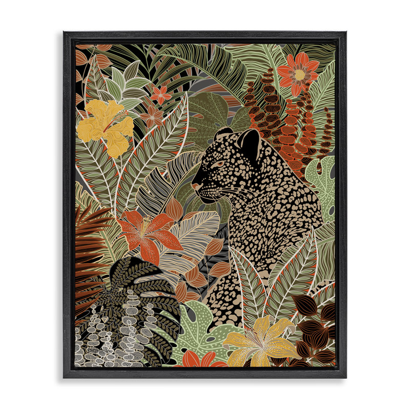 «Leopard in Jungle», art mural encadré noir sur toile flottante par Cat Thurman Designs, H 25 po x l 31 po