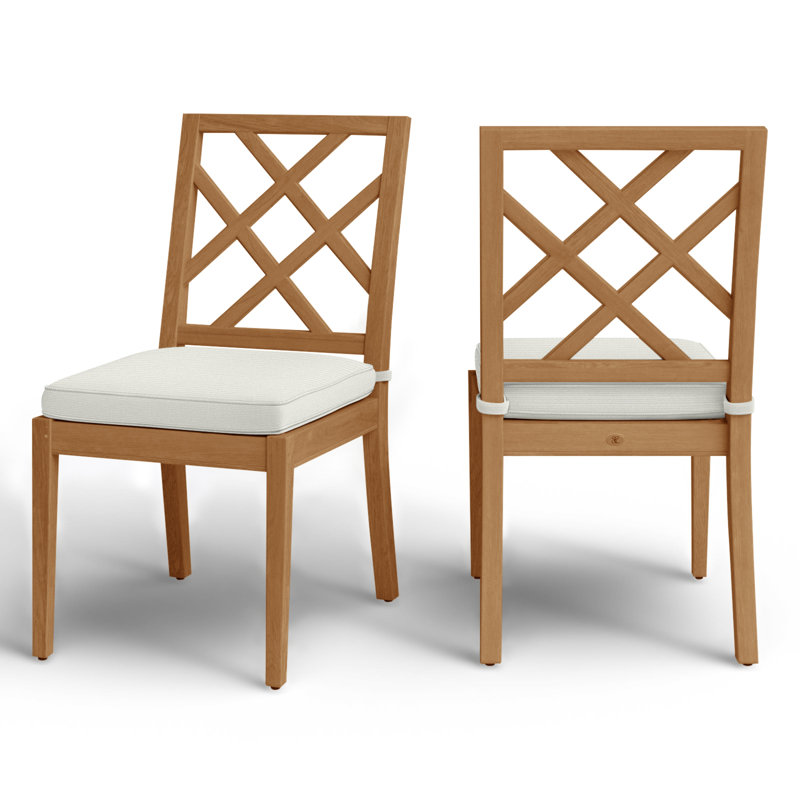 Haley Patio Dining Side Chair with Cushions, Natural Teak, Natural White, Welt