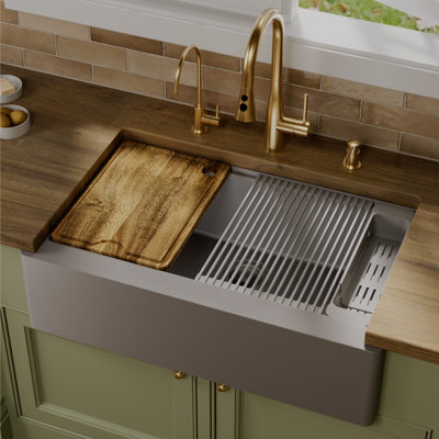 Karran 34" Deep Apron Front Single Bowl Quartz Kitchen Sink Kit in Grey
