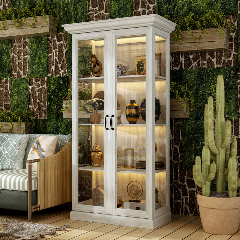 Vitrine de porte en verre chêne gris 69,3 po avec éclairage DEL blanc chaud