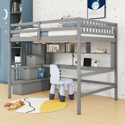 Lit mezzanine double en bois avec bureau intégré, escalier de rangement et tablettes