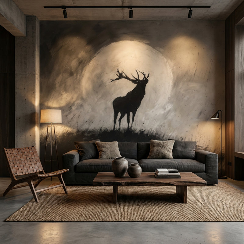 Décoration murale abstrait cerf silhouette de lune, 140 po x 108 po, Peler et coller