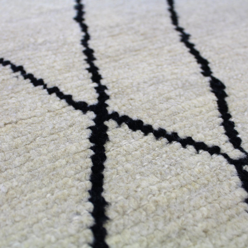 Tapis ivoire / noir en laine noué à la main de conception unique 8 pi 11 po x 11 pi 11 po New Age