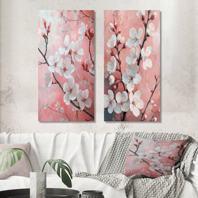 Moment in Springtime Cherry Blossom I – White Botanical Metal Wall Art Print Set of 2