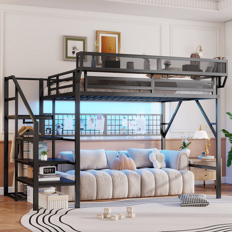 Queen Size Loft Bed with Stairs, Wardrobe & Storage, Metal High Loft Bed with Light, Kids, Teens & Adults, Black, Queen