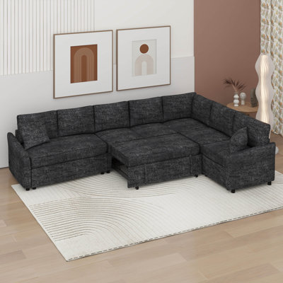 L-Shaped Sofa Convertible Sofa Bed Pull Out Sofa Sleeper With Two Back Pillows, Two USB Ports And Two Power Sockets