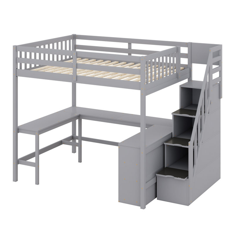 Lit mezzanine avec bureau intégré en forme de L et tablettes de rangement à trois niveaux, et escalier de rangement attaché