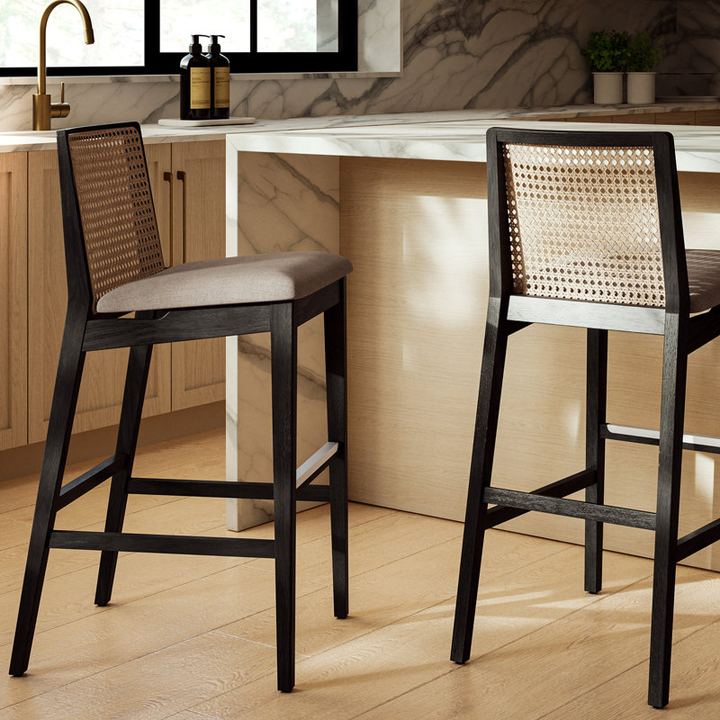 Modern Brazilian Nardia Cane Bar Stool, Medley Ivory/Ebano/Natural, Counter Stool (25.5" Seat Height)