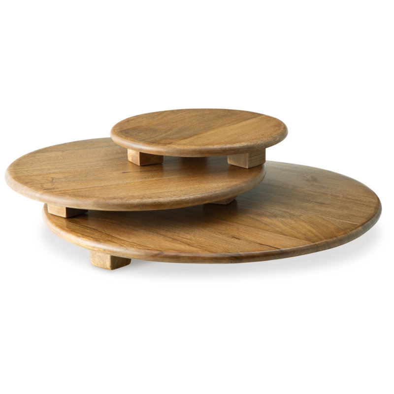 Piya Decorative Serving Tray Platter Set Of 3, Round Riser Honey Brown Wood