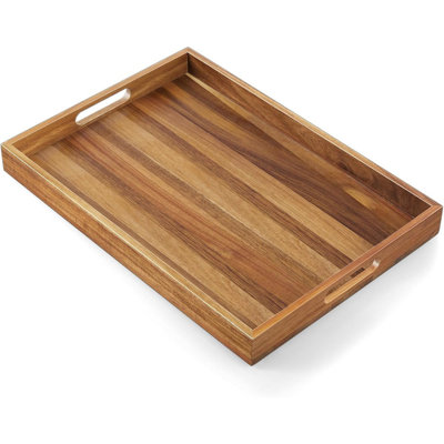 Acacia Wood Serving Tray With Handles - Large Wooden Tray For Ottoman, Breakfast In Bed, Dinner, Coffee Table - Decorative Rectangular Tray For Living Room Bedroom Entryway And Kitchen