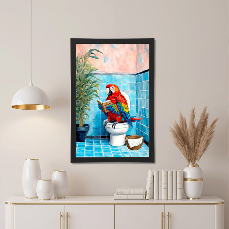 Perroquet lisant un livre sur les toilettes - Décoration murale en toile tendue pour salle de bain, H 18 po x l 12 po