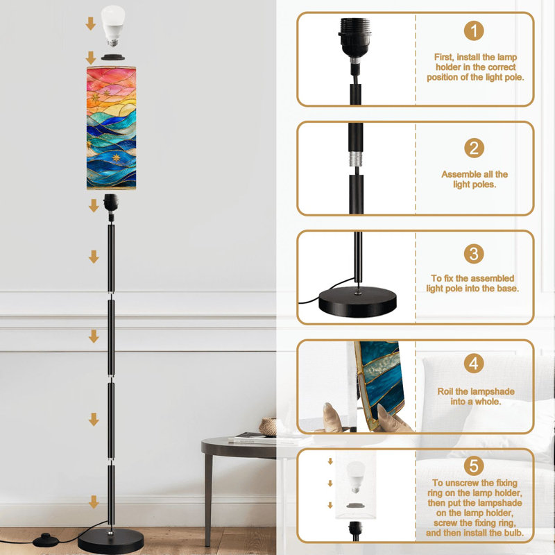 Lampe sur pied moderne à effet vitrail vibrant, motif coucher de soleil étoilé et marin, intensité variable, avec télécommande et interrupteur au pied. Abat-jour sur pied haut, idéal pour le salon, la chambre ou le bureau.