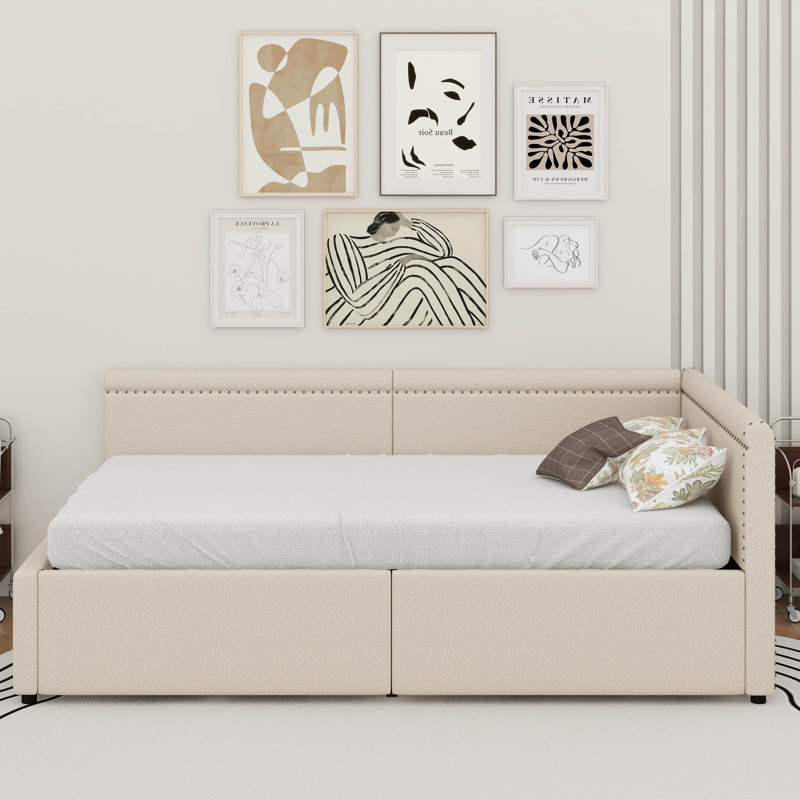 Lit de jour simple en L rembourré d'angle avec deux tiroirs de rangement, Beige