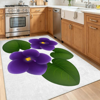 Green African Violet Flowers Leaves Flower Art Beautiful Blossom Machine Washable Indoor Area Rug