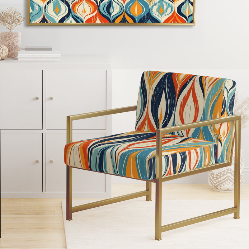 Orange et bleu Botanical Symphony III - Fauteuil rembourré contemporain, fauteuil d'appoint orange, Doré