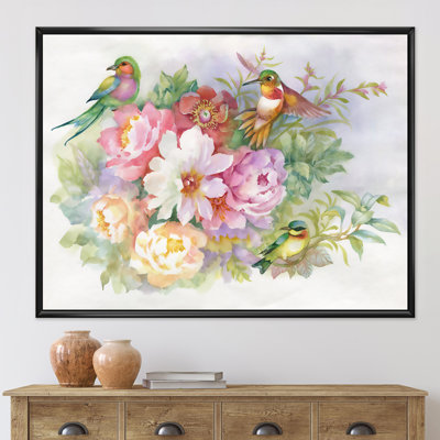 " Vibrant Vintage Flowers And Colorful Birds " Painting Print