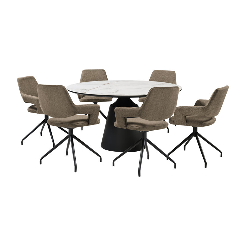 Ensemble de salle à manger à piédestal moderne 7 pièces Asiye avec plateau en pierre et chaises pivotantes rembourrées, Café