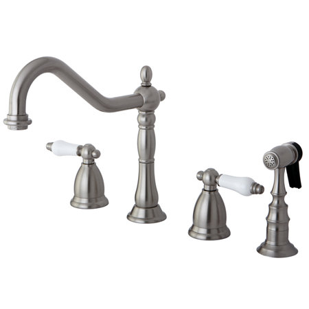 Heritage Double Handle Widespread Kitchen Faucet with Porcelain Lever Handle, Brushed Nickel