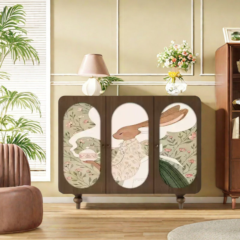 Buffet en bois massif avec motif de lapin artistique, Brun noyer