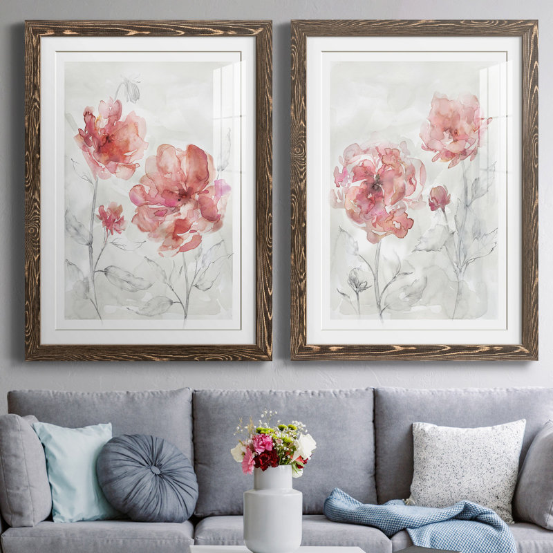 «Blush Botanical I», ensemble de 2 reproductions d'art, Papier, cadre noyer, Blanc, H 37,5 po x l 55 po x P 1,5 po