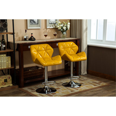 Tabourets de bar contemporains jaunes de 2 - Hauteur réglable avec relevage hydraulique et siège en cuir PU et repose-pieds 2 pièces Diamond - Réglage de l'élévateur à gaz