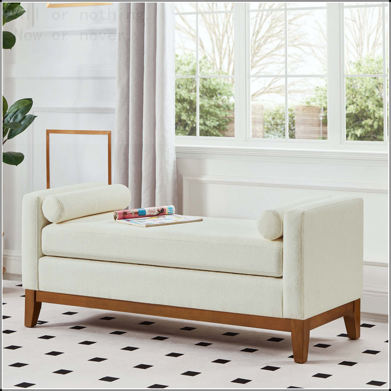 Large Upholstered Boucle Fabric Ottoman with Pillows,Comfort Padded Window Bench, Beige, Brown Wood