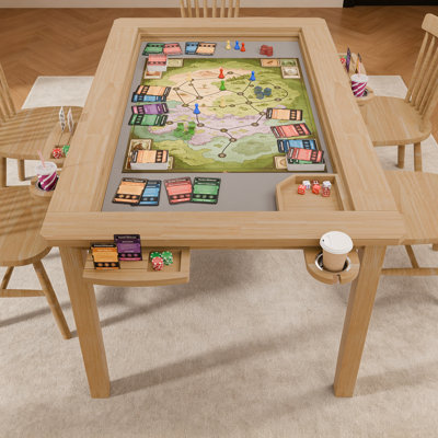 Table de salle à manger convertible 66 po x 39 po en bois massif avec plateau amovible, tapis de jeu en cuir polyuréthane, 4 porte-gobelets et 4 plateaux de jeu pour 4 à 6 joueurs adultes