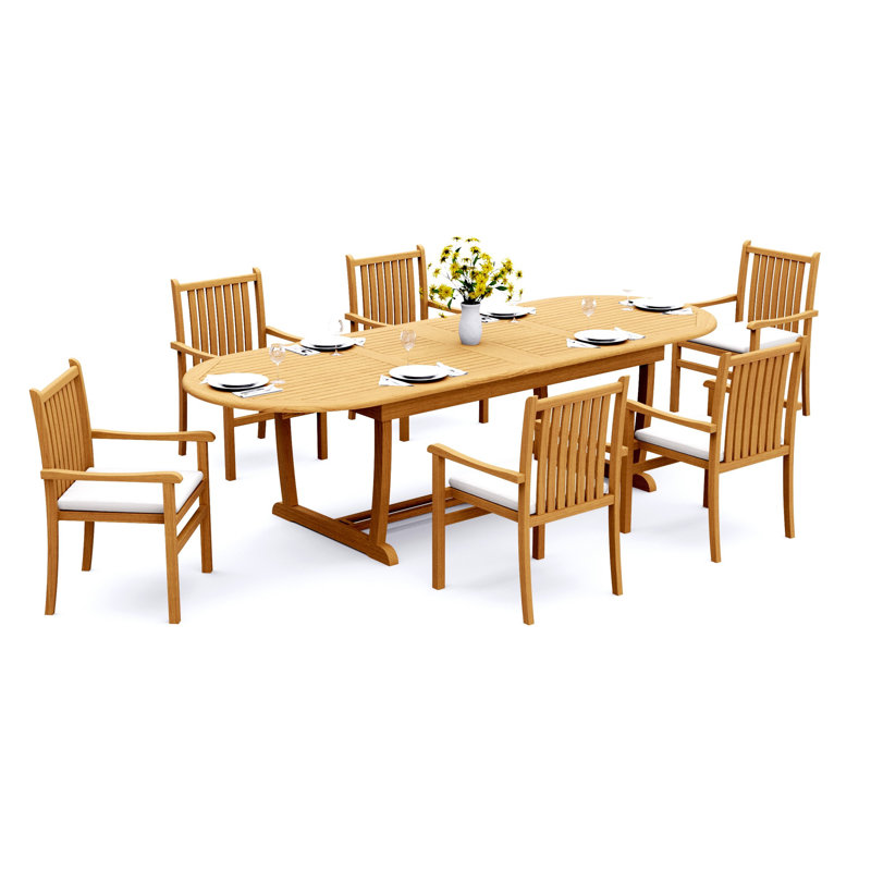 13 Pcs Grade-A Teak Wood Dining Set: 118" Double Extension Mas Oval Trestle Leg Table And Angarano Stacking Arm Chairs #11CH2712