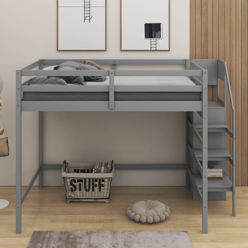 Full Size Loft Bed With Wardrobe, Gray
