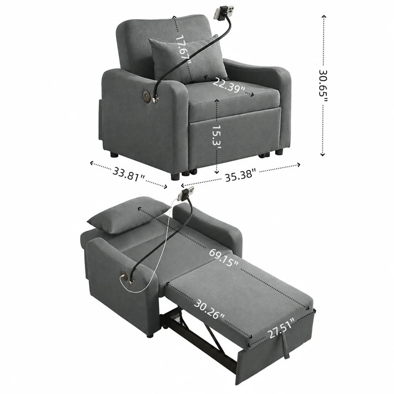 Canapé-lit convertible 3 en 1 gris foncé avec dossier réglable, support pour téléphone et port USB-C ; convient à divers petits appartements.