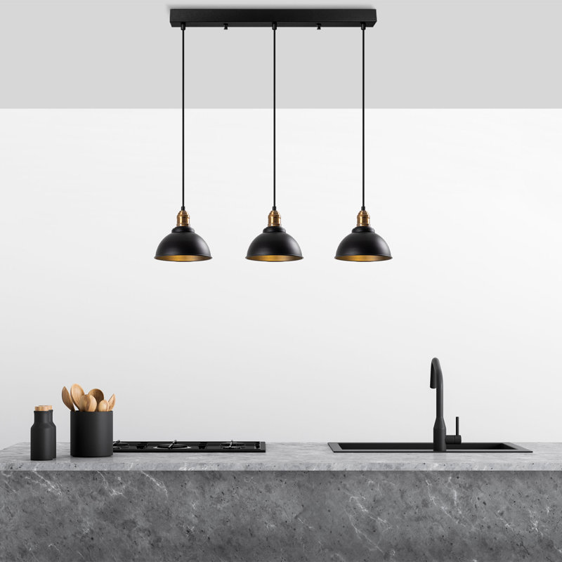 Luminaire suspendu en forme de dôme à 3 lumières pour îlot de cuisine, Noir