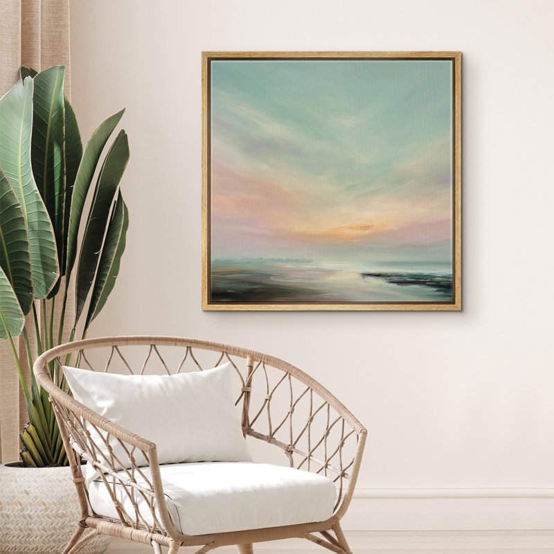 Doux pastel côtier coucher de soleil paysage marin, décoration murale pour salon, H 16 po x l 16 po x P 1,5 po, Naturel
