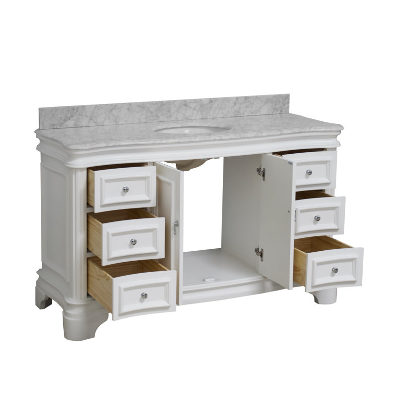 Ensemble de meuble-lavabo simple 60 po Twain avec rangement blanc et comptoir en marbre de Carrare, Blanc, Marbre de Carrare