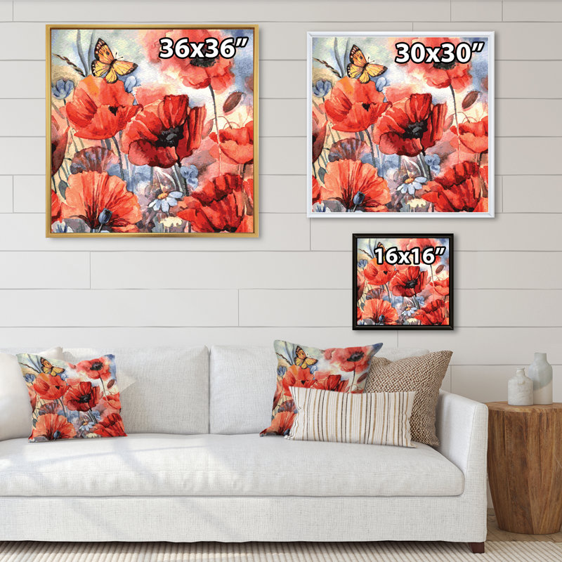 «Abstract Poppies Flower», reproduction d'art sur toile encadrée, H 16 po x l 16 po x P 1 po, Cadre flottant brun