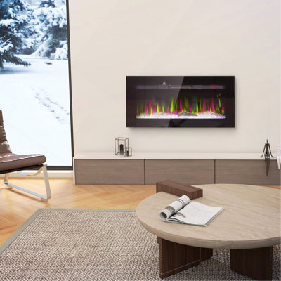 Foyer électrique 36 po encastré et mural avec télécommande, foyer 1500W avec minuterie 8H, couleur et luminosité de flamme réglables, bûche et cristal