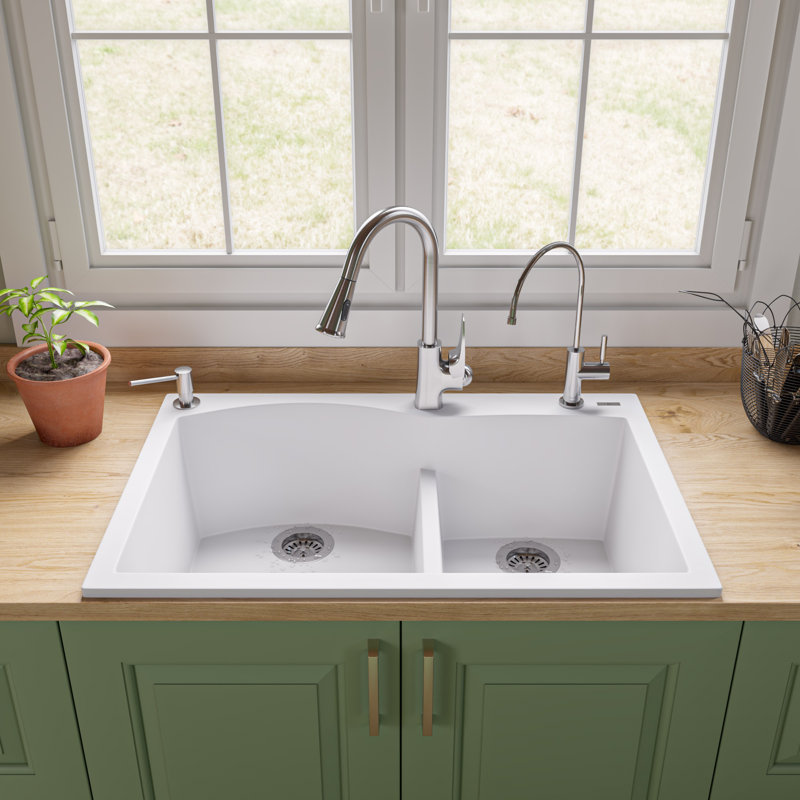 33'' L Double Bowl Granite Kitchen Sink, White