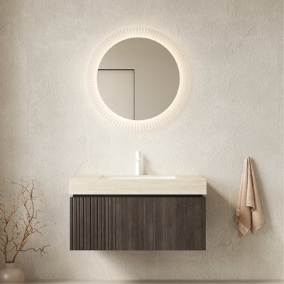 Meuble-lavabo 36 po, armoire de rangement en contreplaqué flottant avec tiroir et porte avec 1 trou de robinet pré-percé, espresso pré-assemblé