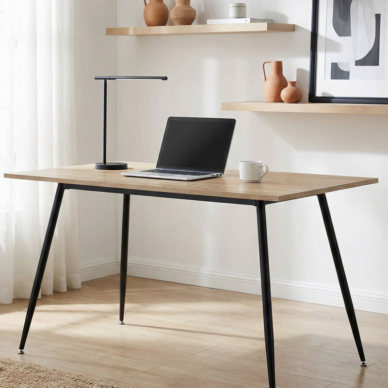 51.18" Natural Wood Grain Office Desk With Black Metal Legs Writing Desk For Home Office