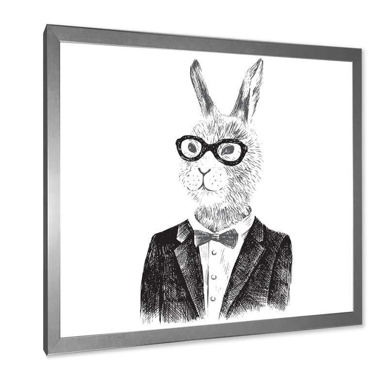 Dressed Up Bunny Boy In Hipster Style - peinture sur toile, H 17,5 po x l 17,5 po x P 1 po, Cadre argenté
