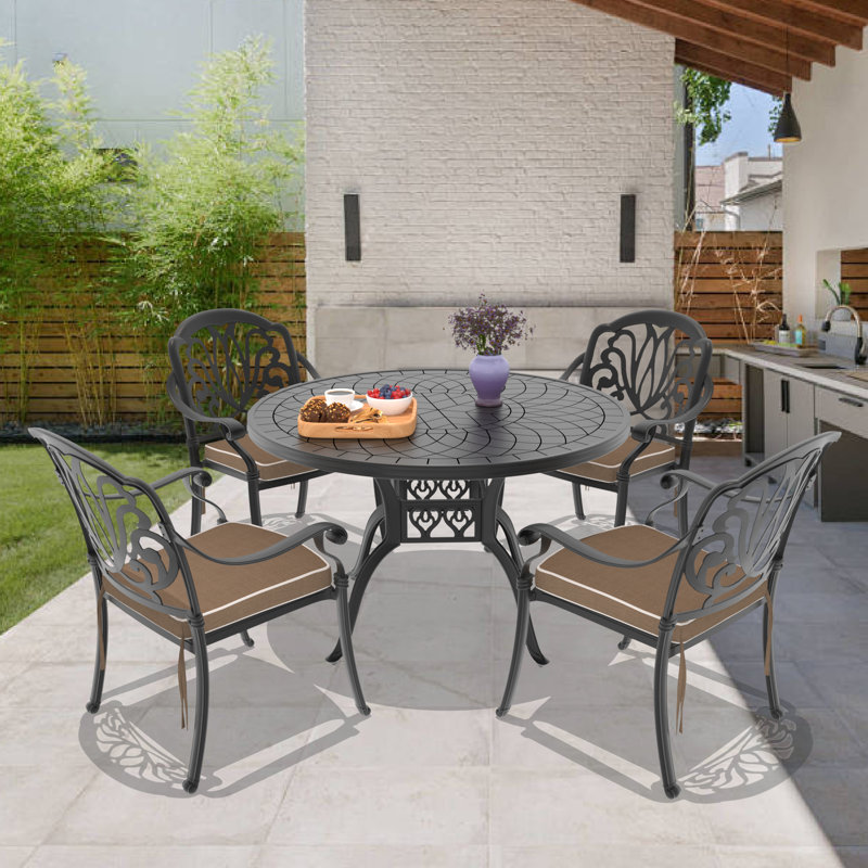 47.24 -inch Round Table Cast Aluminum Outdoor Dining Set with Brown Cushions, 4