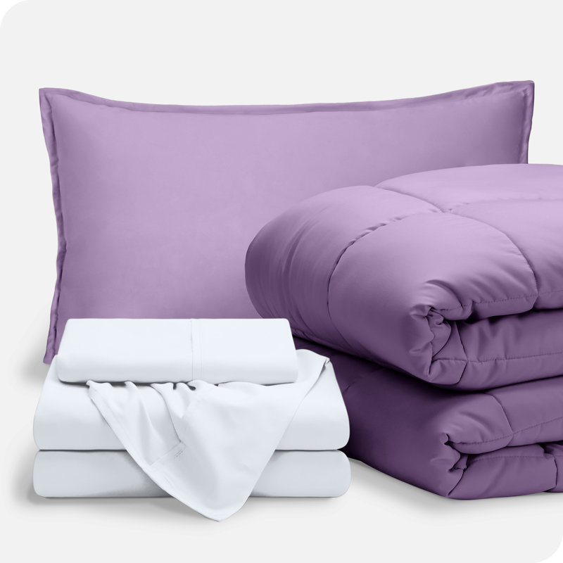 Lit dans un sac en microfibre 1800 de qualité supérieure 1800, Édredon simple + 4 pièces supplémentaires, Lavande / blanc