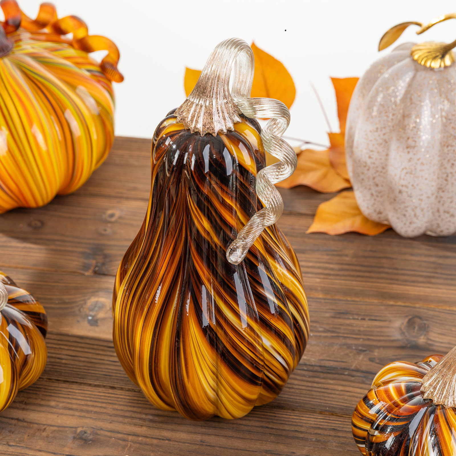 11.25"H Multi Brown Striped Large Glass Gourd