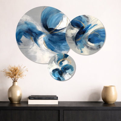 Abstrait tourbillon dans des tons bleus et blancs - impression géométrique murale en métal 3 pièces