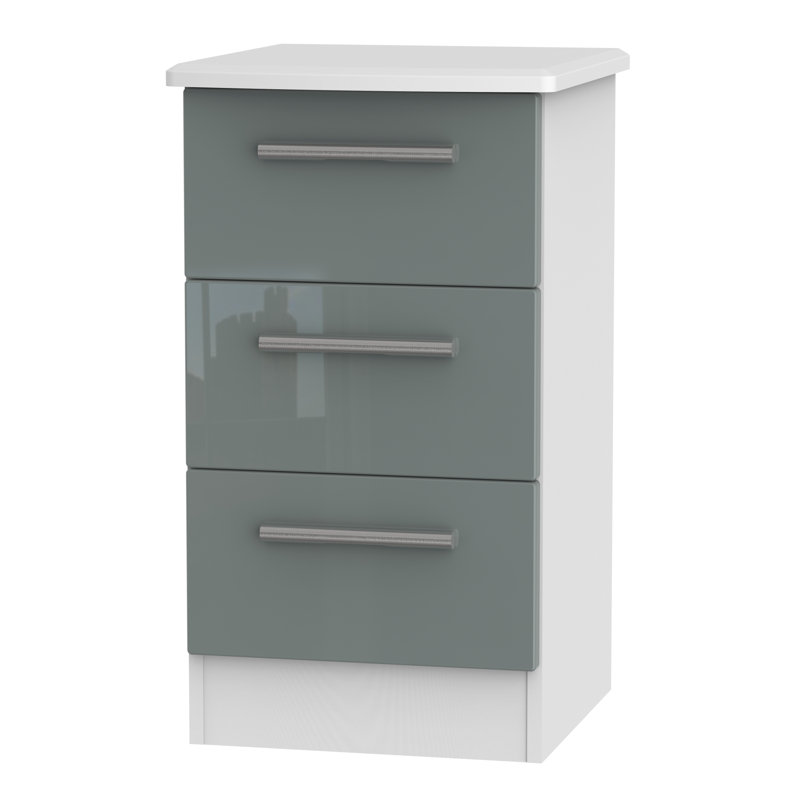 Fully Assembled Yvette 3 Drawer Bedside Table, White/Grey Gloss
