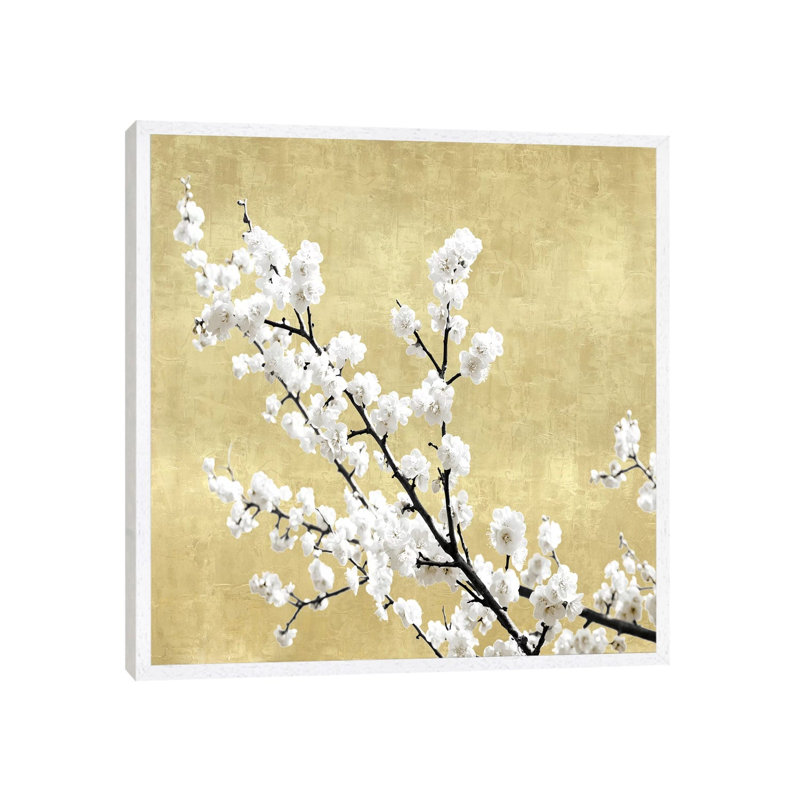 Blossoms On Gold I by Kate Bennett - Print on Canvas, White Framed, 45.72cm H x 45.72cm W x 3.81cm D