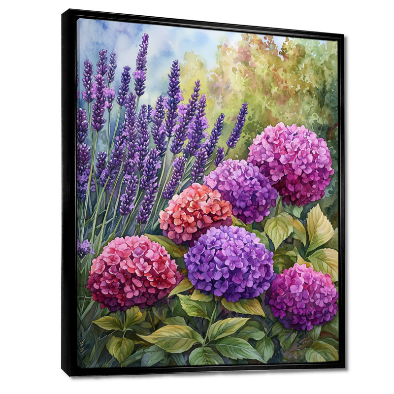Hortensias et jardin de lavande I - hydrangées, art mural, H 20 po x l 12 po, Reproduction avec cadre flottant, Noir