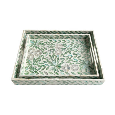 Ensemble de 2 plateaux de service en mosaïque avec poignées, plateaux rectangulaires emboîtables à motif floral pour table basse et console